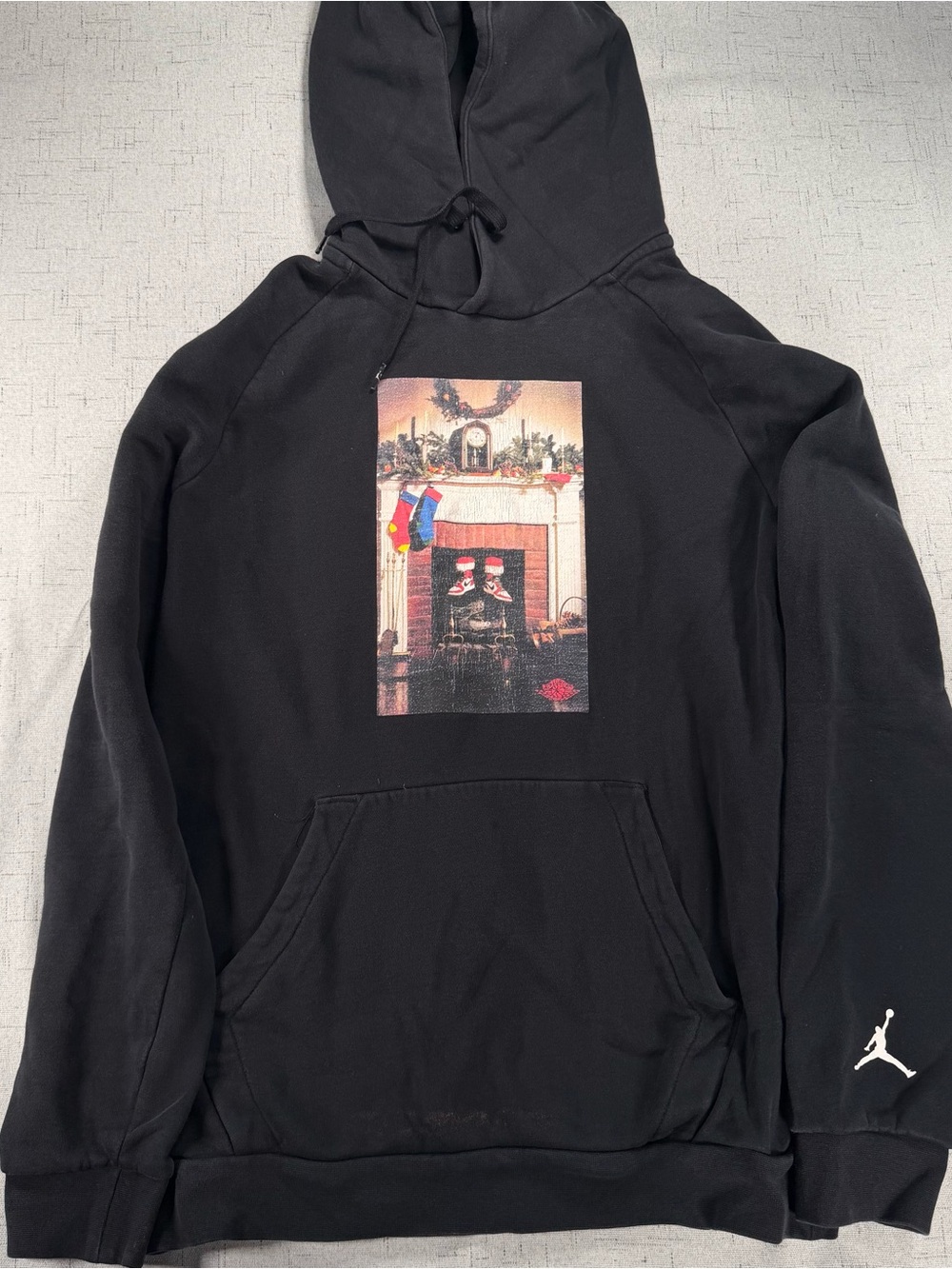 Jordan Black Zip-Up Hoodie with Holiday Fireplace Graphic